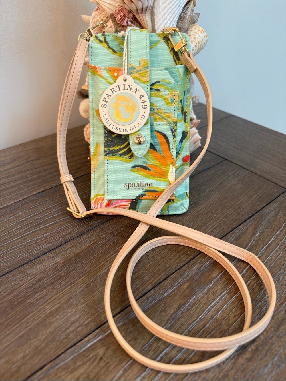Spartina 449 Lilly Phone Crossbody Queenie Floral Sea Foam Wallet with Tan Strap
